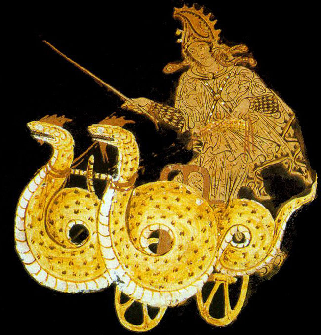 Medea driving a serpent chariot